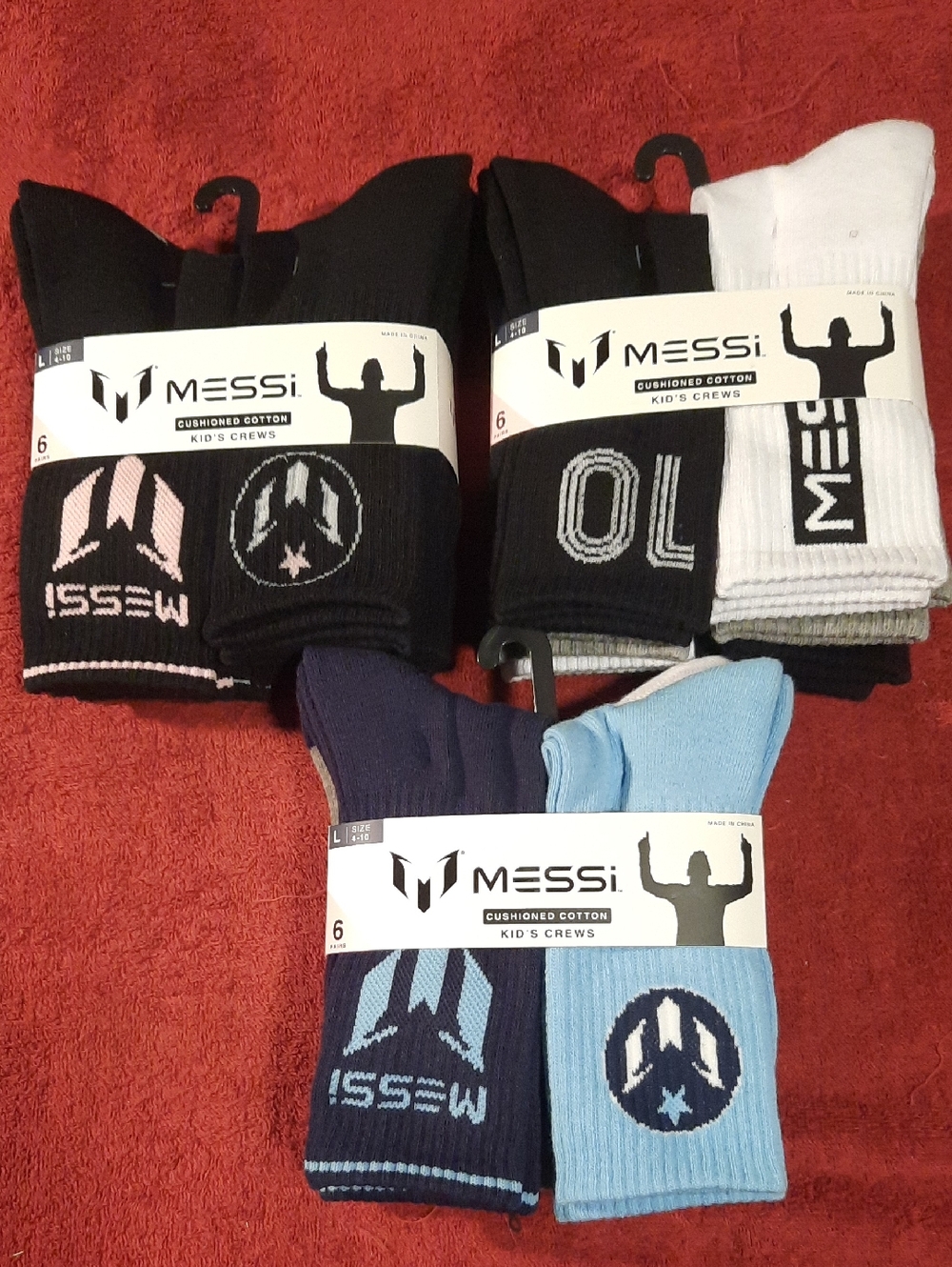 Messi Kids' Cushioned Crew Socks -size Lqrge Multiple Colors 3 Packs 18 Pair